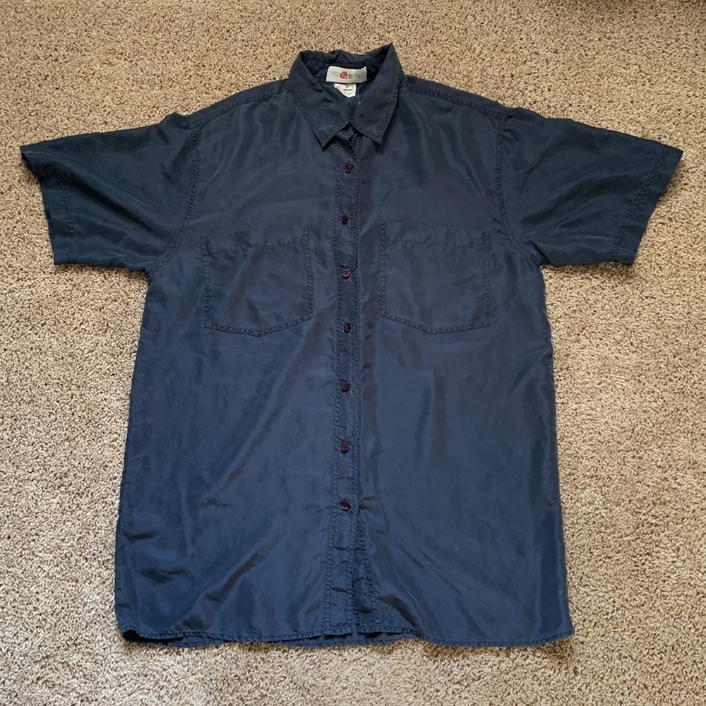 Red Rose Shirt Mens Sz M Blue 100% Silk Short Sleeve Button-Down Casual Summer